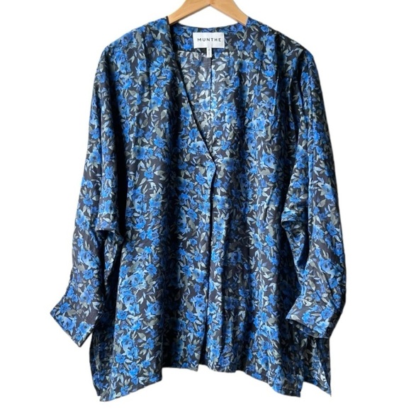 MUNTHE ALUNARIA TOP V neck long sleeve Blue Black floral-print blouse Sz 8 - Picture 5 of 16